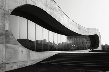 Obraz premium Minimalist image of a curved mirror reflecting a modern architectural design,