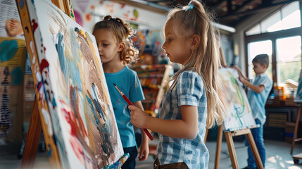 Fototapeta premium Preschool children of different nationalities study in the art education studio. Children learn to draw at art school.