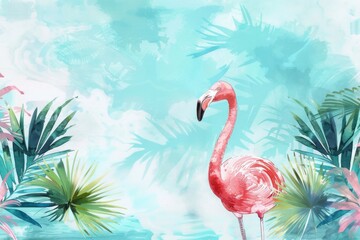 Fototapeta premium A stunning watercolor illustration featuring the elegant silhouette of a pink flamingo amidst lush palm leaves and a vibrant blue sky.