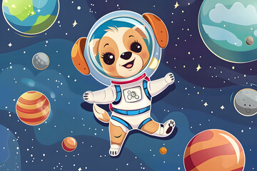 cartoon animals in space, dog in spacesuit levitates in space
