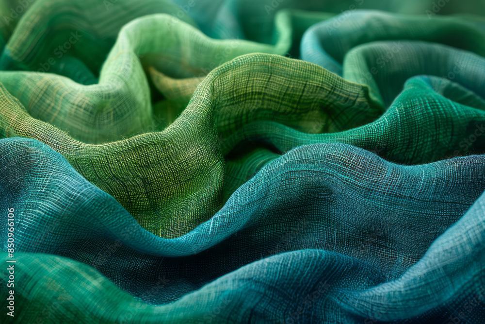 Poster simple photo of a minimalist landscape created with green and blue threads on a neutral backdrop,