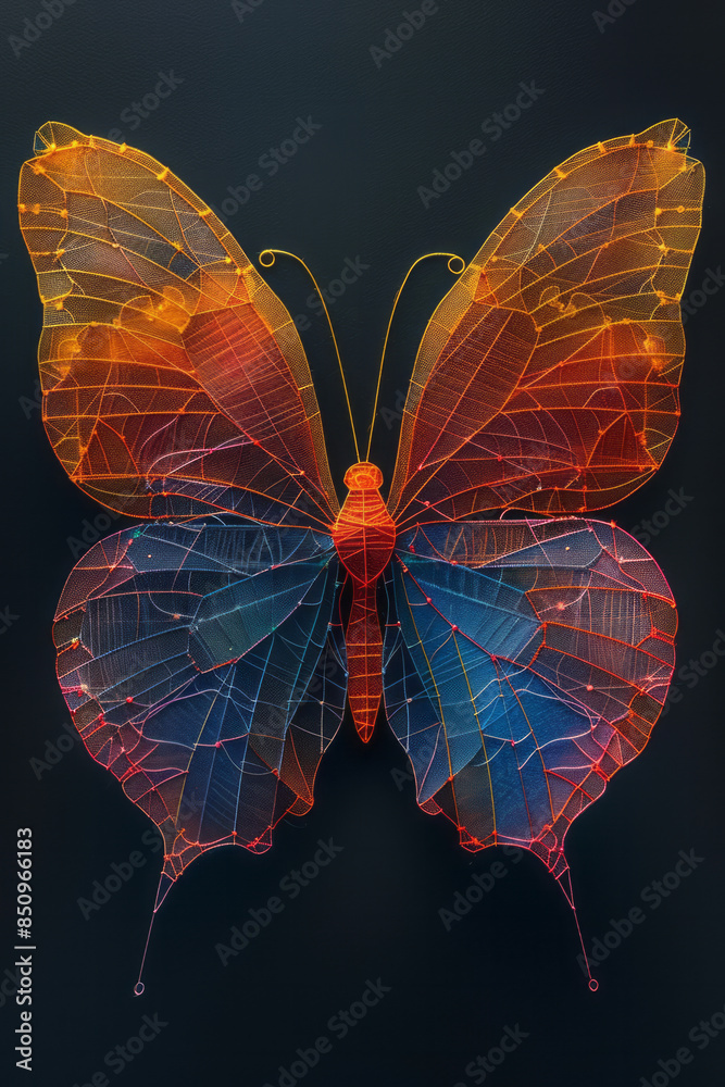 Fototapete simple image of a string art butterfly, with colorful threads forming delicate wings on a minimalist