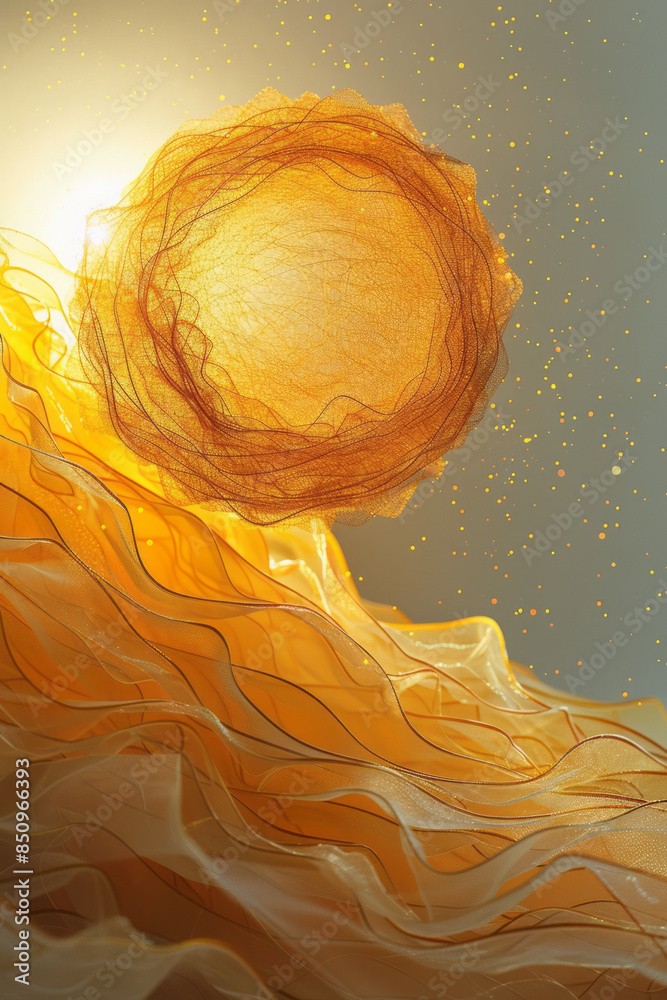 Poster minimalist aesthetic of a string art sun, with yellow and orange threads creating a radiant design,