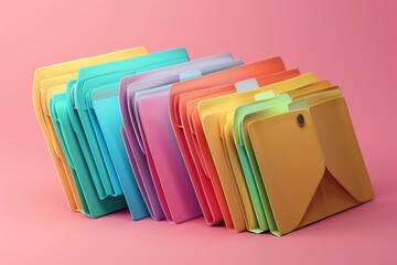 A pile of bright colored folders stacked on top of each other, ideal for organizing and decorating your workspace