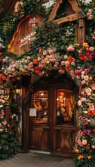 Fototapeta premium Beautifully Decorated Entrance to a Bavarian Beer Tent at Oktoberfest with Floral Arrangements and Wooden Structure