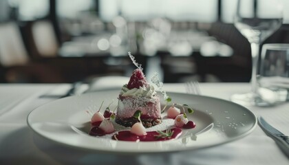 Gourmet Dessert Presentation by Chef, Close-Up of Elegant Chocolate Cake on Plate