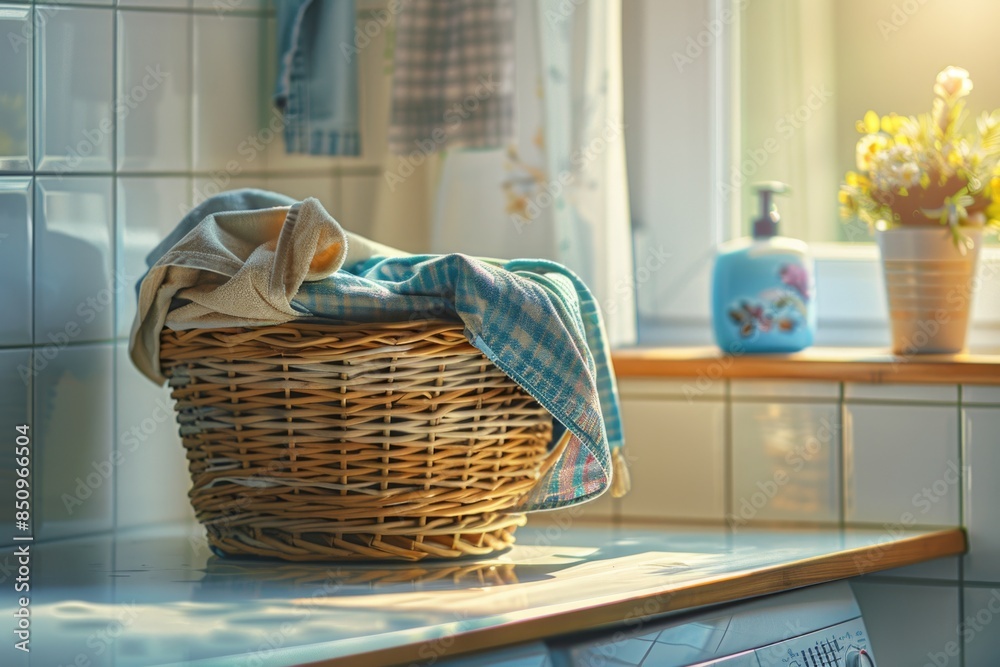 Wall mural Laundry supplies and basket sitting next to a washer, ideal for interior design or home decor images