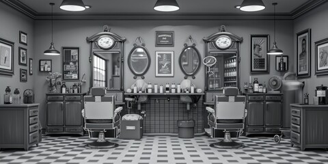 A classic black and white photograph of a traditional barber shop, perfect for use in editorial or commercial contexts