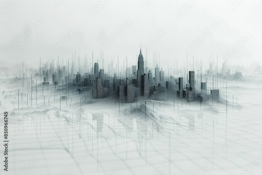 Fototapete minimalist image of a string art cityscape, with grey threads creating a skyline on a white board,