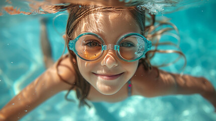 Naklejka premium A child with goggles smiling underwater in a swimming pool