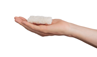 Loofah sponge luffa isolated, wash natural gourd hand. Eco cleaning holding palm fingers hygiene bath. Rectangle health dishwashing housework man use. Person body skincare, transparent cutout PNG