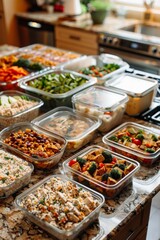 Fototapeta premium Gluten-Free Meal Prep with Overnight Oats, Chicken Wraps, and Vegetable Stir Fry in Transparent Containers