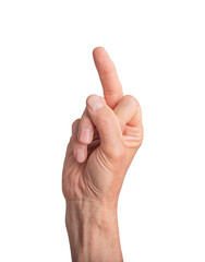 Middle finger gesture, offensive and rude. Isolated white background, hand showing obscene sign....