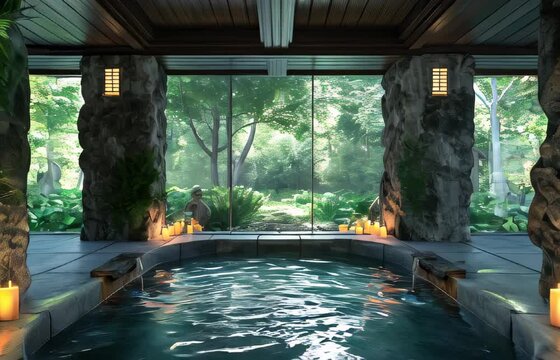 Slow motion video of a Modern Spa Oasis with Natural Stone and Water Features