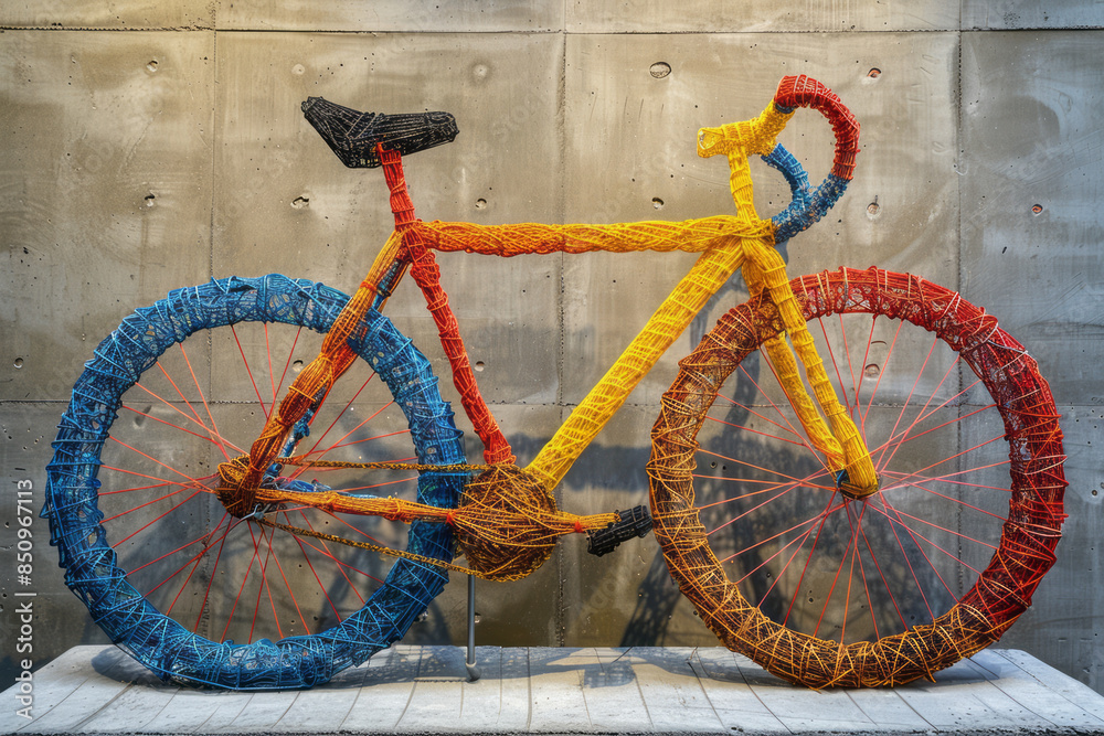 Fototapete Elegant photo of a string art bicycle, with colorful threads forming a whimsical design on a plain canvas,