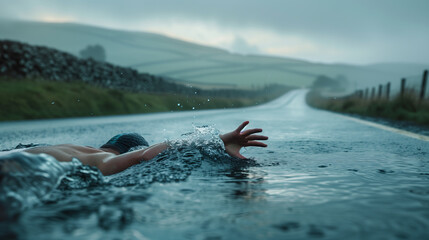 Person Swimming on a Wet Road, Surreal Landscape, Misty Countryside