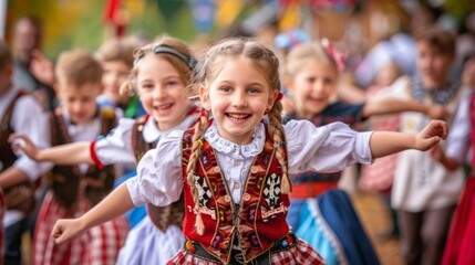 Fototapeta premium Children in Traditional Bavarian Costumes Enjoying Oktoberfest Festivities - Perfect for Event Posters or Cards