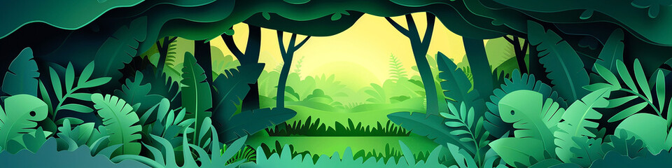 Obraz premium wide panoramic paper cut scrap jungle illustration with bright yellow at the middle layers of trees plants and leaves in green color tones with 3D depth
