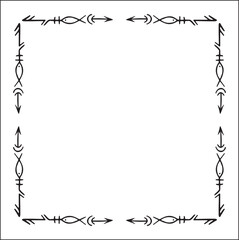 Elegant black and white ornamental frame with Viking runes, decorative border, corners for greeting cards, banners, business cards, invitations, menus. Isolated vector illustration.	
