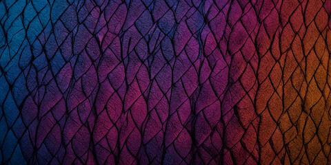 Abstraktes, organisches Muster mit einem faszinierenden Farbverlauf von Blau über Violett zu Orange, das an verflochtene Blätter oder Schuppen erinnert und eine komplexe Textur aufweist