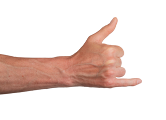 Thumb and little finger gesture, hand surf surfer. Signal cool call shaka isolated symbol man phone. Hawaii concept, sea background beach expression. Reach outstretched,, transparent cutout PNG