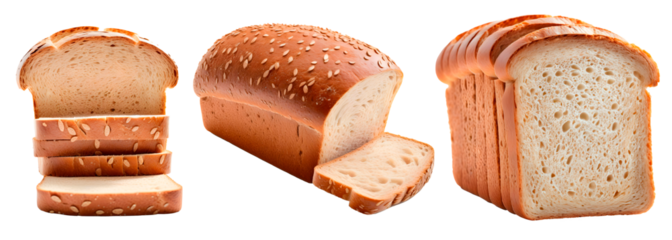 Conjunto de pães integrais de forma inteiro, fatiado e com grãos em fundo transparente, sem fundo