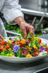 Raw Food Chef Creating Colorful Edible Flower and Vegetable Salad in a Modern Kitchen