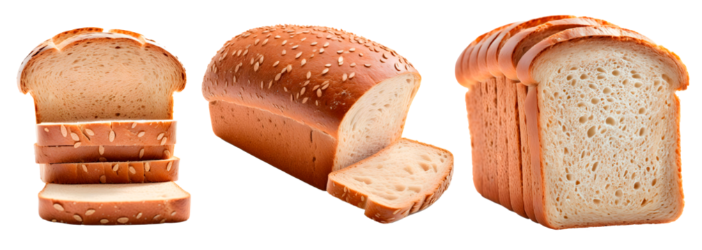 Conjunto de pães integrais de forma inteiro, fatiado e com grãos em fundo transparente, sem fundo