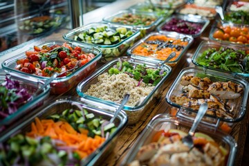 Obraz premium Pre-Prepared Healthy Meals in Glass Containers: Salads, Grilled Chicken, and Quinoa for Meal Planning