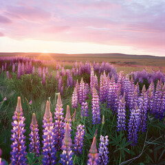 Obraz premium field of lupines in sunset light