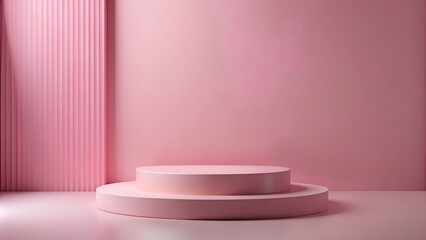 Empty round pink platform podium on pink background. Minimal creative composition background for cosmetics or products presentation