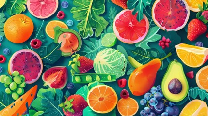 Colorful Fruit and Leaf Pattern Background for Summer Vacations, Posters, and Designs