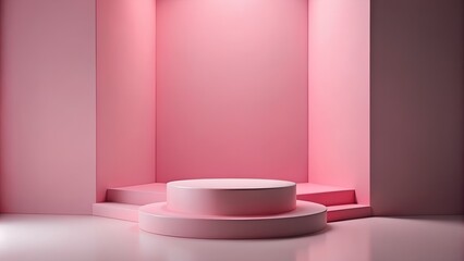 Fototapeta premium Empty round pink platform podium on pink background. Minimal creative composition background for cosmetics or products presentation