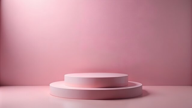Empty round pink platform podium on pink background. Minimal creative composition background for cosmetics or products presentation