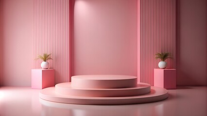 Empty round pink platform podium with plants on pink background. Minimal creative composition background for cosmetics or products presentation