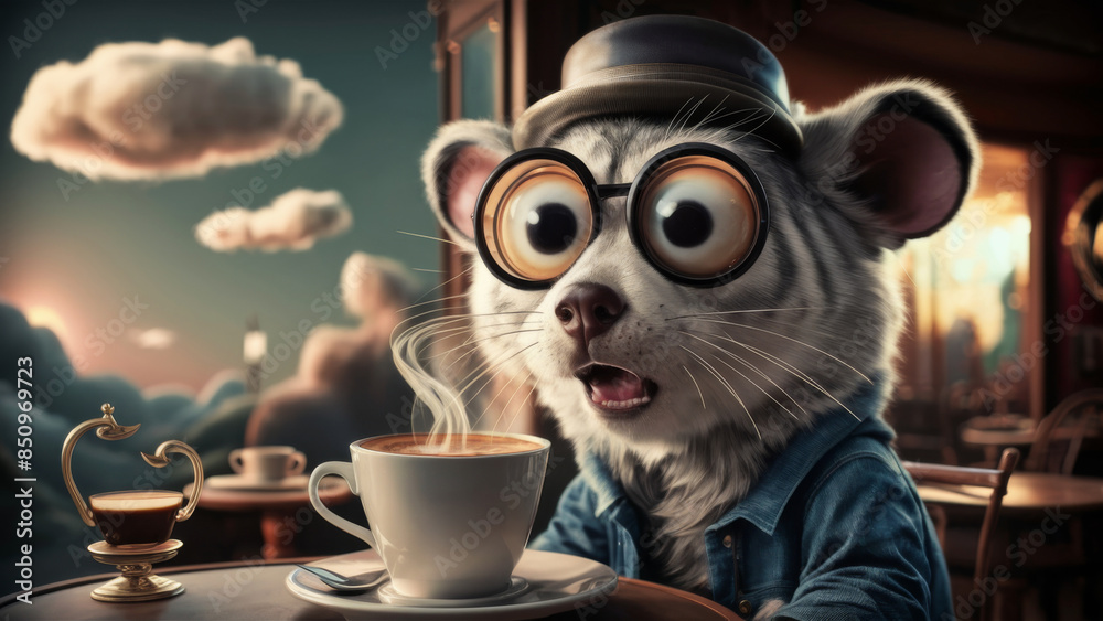 Canvas Prints A cartoon mouse wearing glasses and a hat sitting at table with coffee, AI