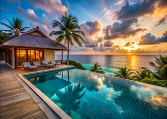 Amazing View Of A Luxury Villa With Pool And Palm Trees At Sunset.