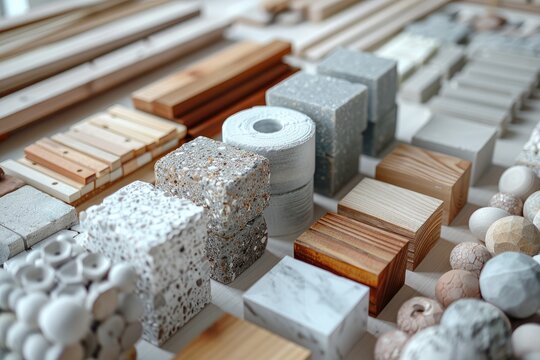 Samples of building materials. View from above. Samples of wood, stone, tiles. Building materials. Brick