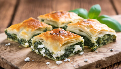 Greek spinach and feta cheese pie. Tasty spanakopita on wooden board. Delicious homemade food