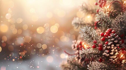 Obraz premium Frosted Pine Branch With Berries and Lights