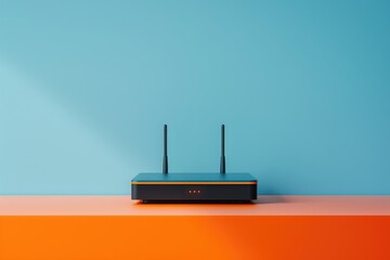 Router on blue background. Internet router. Color background. Product presentation.