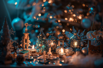 hristmas festive table, and with wooden toys, gifts, confetti, toys, christmas light, magic [mana] potion, very bright light from inside, fantasy art