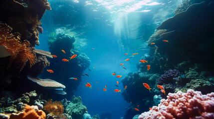 Coral Reef Underwater with Tropical Fish and Sun Rays