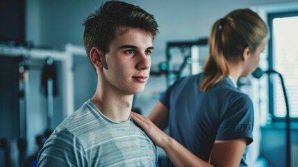 Fototapeta premium Physical Therapy for Shoulder Pain in Professional Clinic with Modern Equipment and Focused Therapist