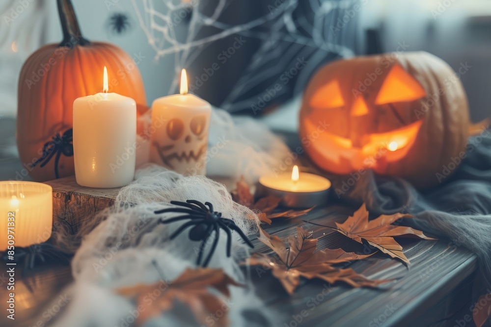 Wall mural Joyful Event Halloween holiday pumpkin and candles on the wooden table, Celebration Mysterious October.