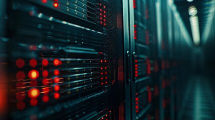 A computer server room with many red lights