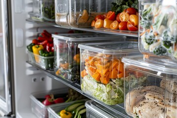 Neatly Organized Refrigerator with Labeled Gluten-Free Meal Prep Containers for Weekly Meal Planning