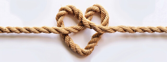 Rope with a heart shaped knot on white background