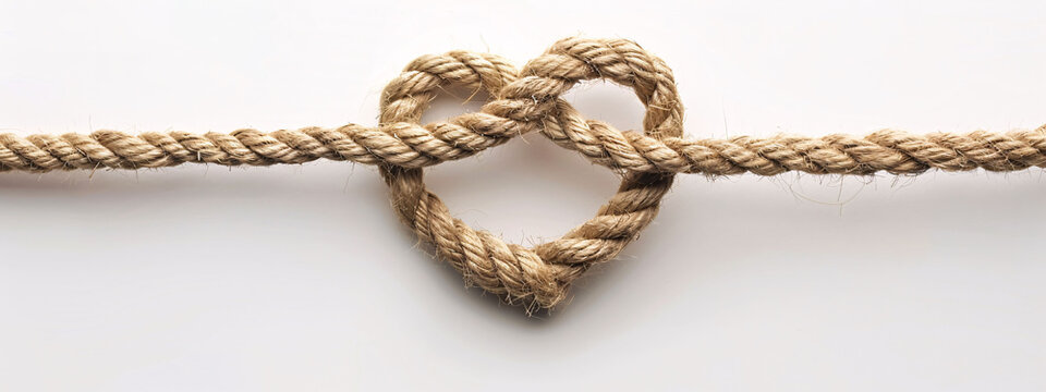 Rope with a heart shaped knot on white background