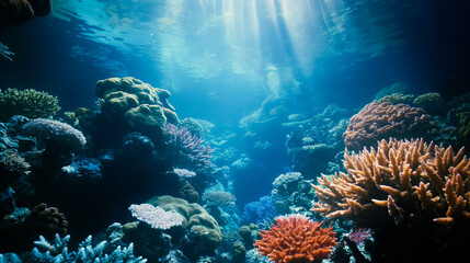 Fototapeta premium Wide angle view of a lush underwater coral reef ecosystem filled with various marine life